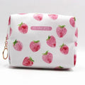 Strawberry watercolor cosmetics bag with pink fruit print and “MY FAVORITE” label