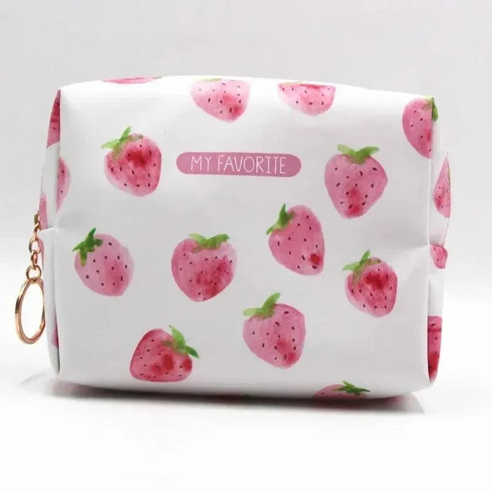 Strawberry watercolor cosmetics bag with pink fruit print and “MY FAVORITE” label