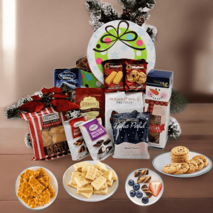 Holiday snack gift tower in a round polka-dot container with bow and garland top