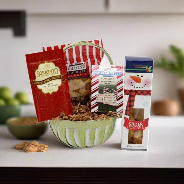 Gift basket with peppermint candy, peanut brittle, and sugar cookie treats
