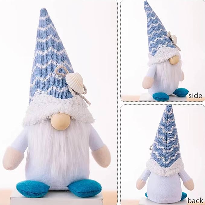 Beach gnome plush showing front, side, and back views; white beard, blue striped hat