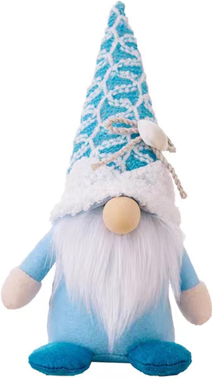 Blue and white plush beach gnome with knit cone hat, white beard, blue legs