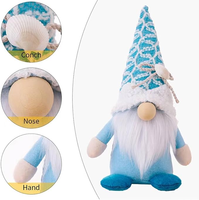 Plush beach gnome detail: shell, round nose, and hands on the knit cone hat