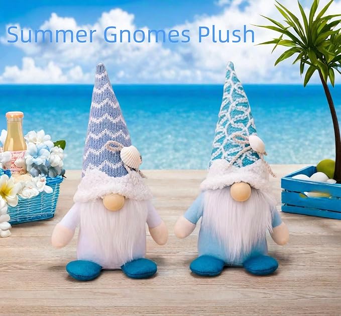 Pair of blue and white plush beach gnomes with cone hats, white beards, blue feet