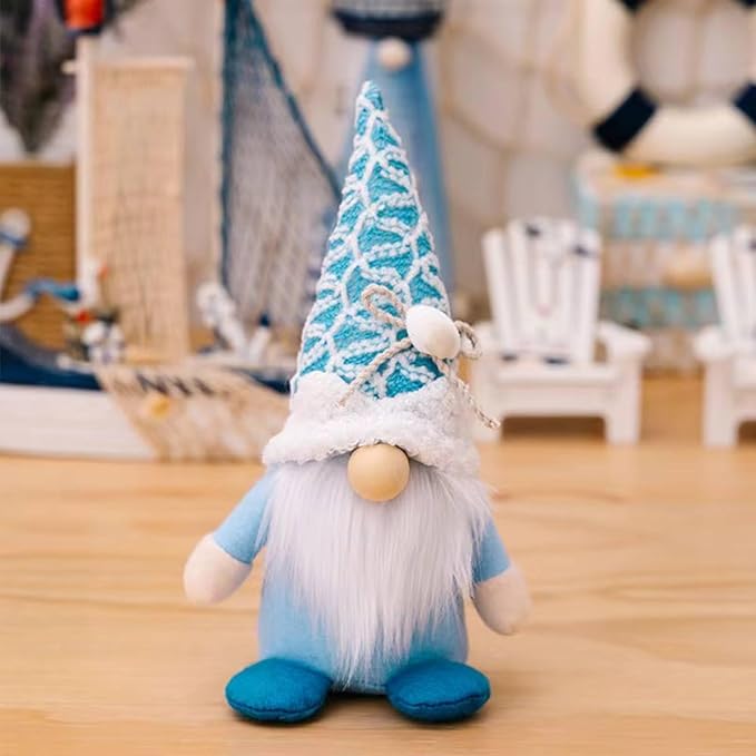 Blue and white plush beach gnome figure with knit cone hat, white beard, blue feet