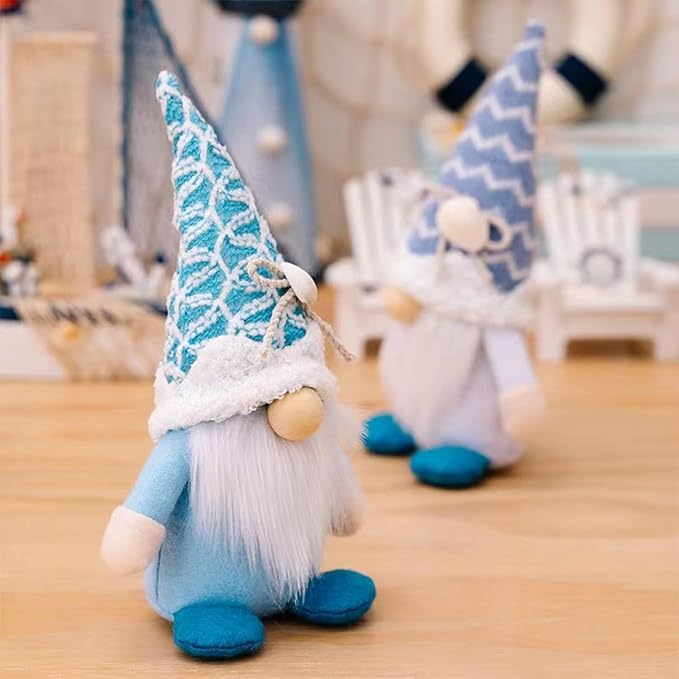 Plush beach gnome with long knit cone hat, white beard, blue shoes; side view