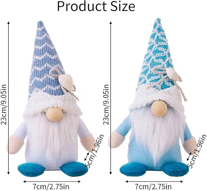 Plush beach gnome size chart: 23cm height, 7cm width for blue hat version