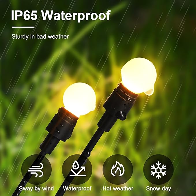 Warm white solar light globes on black stakes with rainproof design