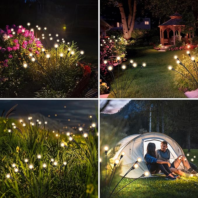 Warm white solar string lights with flexible poles staked along garden shrubs and lawn