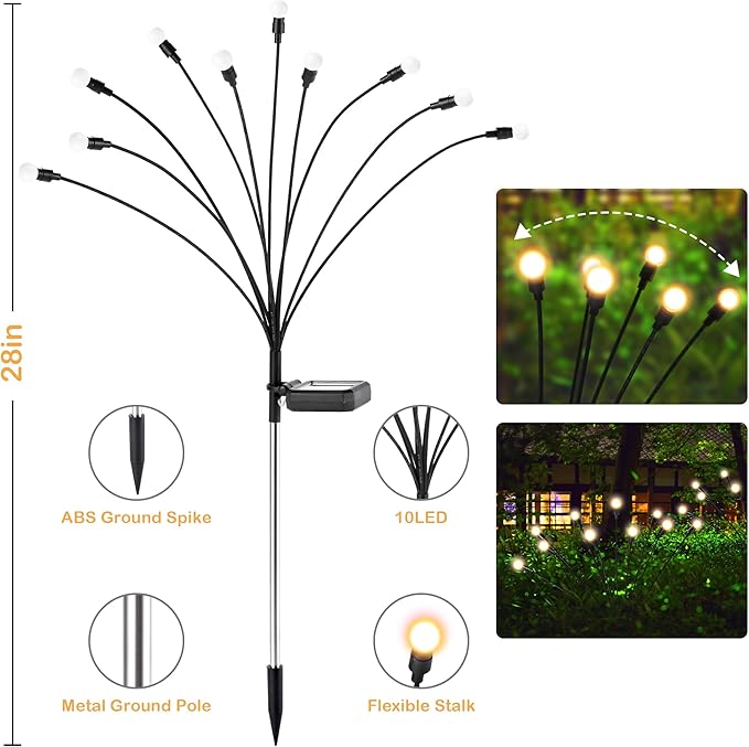 Solar outdoor LED light set with ABS ground spike and flexible black stalks