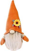 Plush autumn gnome decoration with orange hat, sunflower pin, white beard, plaid trim