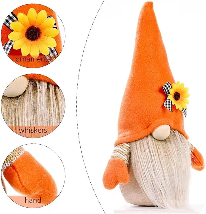 Plush gnome doll closeup: orange hat with sunflower pin and white beard