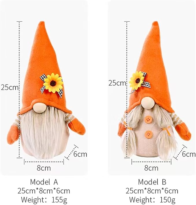 Plush gnome decoration size chart showing two orange-hat gnome models