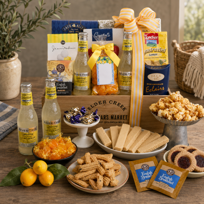 Summer gift basket with lemons, crackers, cookies, chocolates, and ribbon