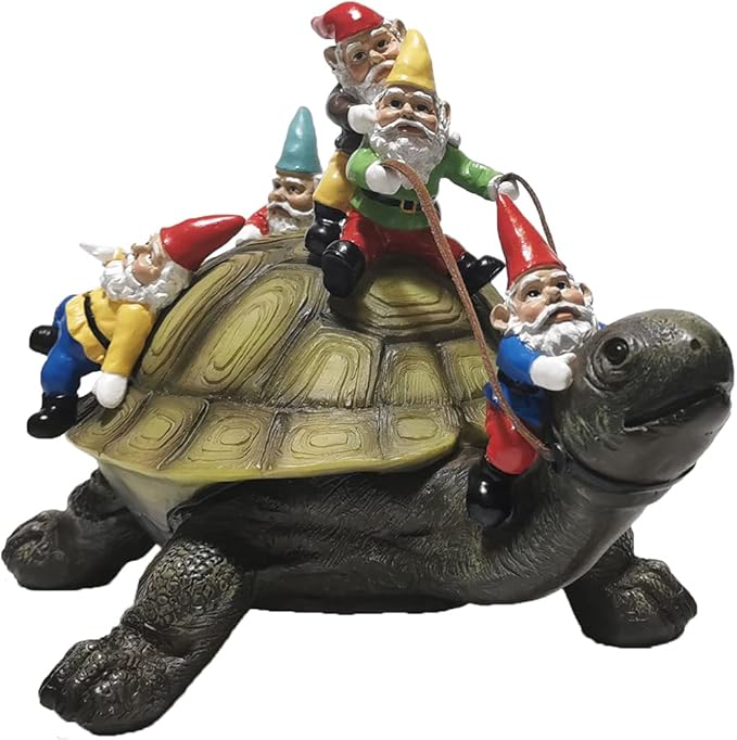 Resin garden turtle statue with gnomes riding the shell, multicolor