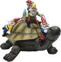 Resin garden turtle statue with gnomes riding the shell, multicolor