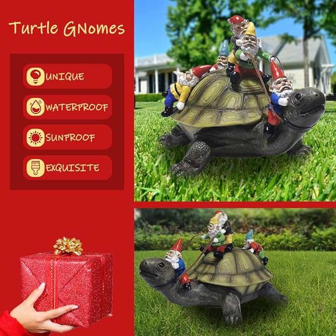Garden turtle gnome resin figurine, gnomes on turtle shell with raised arms