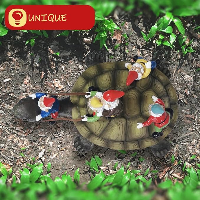Resin turtle garden ornament with multiple gnomes on domed shell