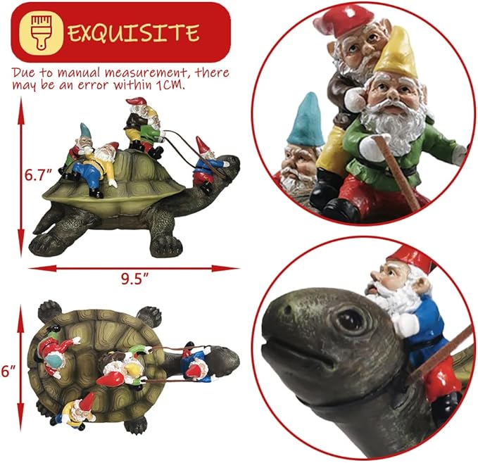 Resin turtle gnome yard art figurine, front view with gnomes and long nose