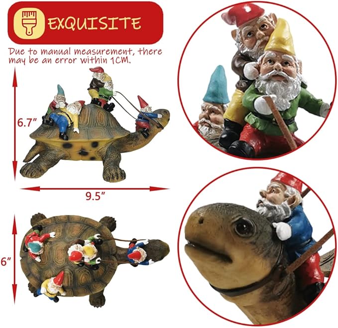 Resin turtle statue with gnome figures on the shell, shown with size proportions