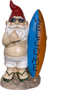 Bearded garden gnome statue holding a surfboard, red hat and white swim trunks