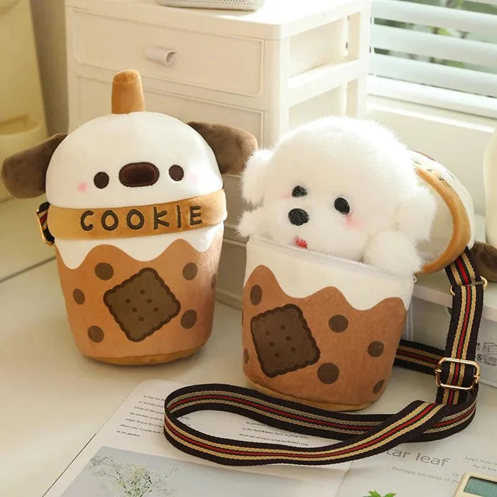 Cookie puppy plushie bag with brown cookie print and rainbow striped crossbody strap