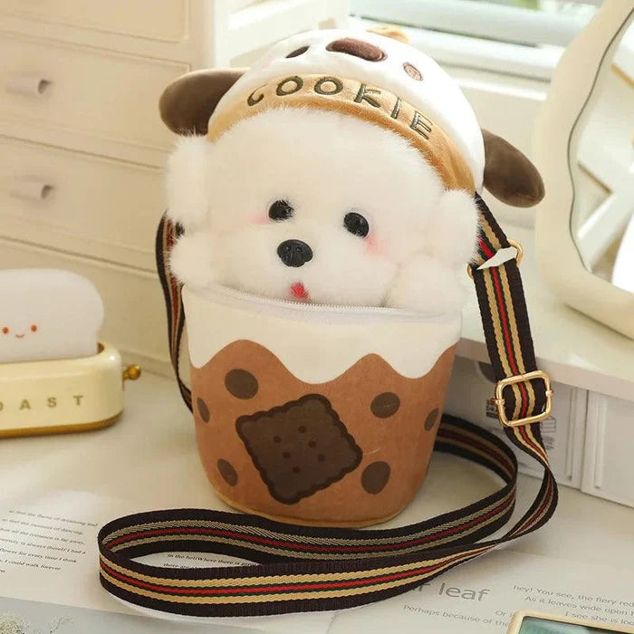 Puppy plushie crossbody bag with white face, “COOKIE” text, brown cookie design