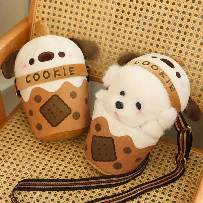 Cookie puppy plushie bag pair: white faces, “COOKIE” band, brown cookie prints, strap