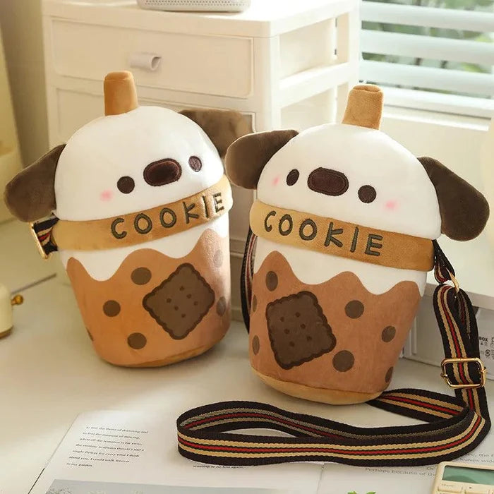 Two cookie puppy drink plushie bags with “COOKIE” bands, brown cookie prints, straps