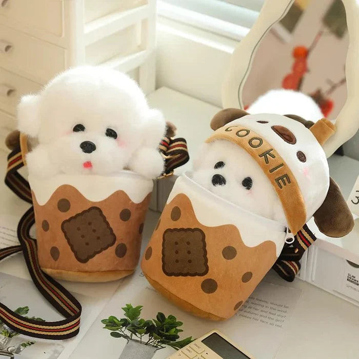White puppy plushie bag with “COOKIE” band and brown cookie pattern, rainbow strap