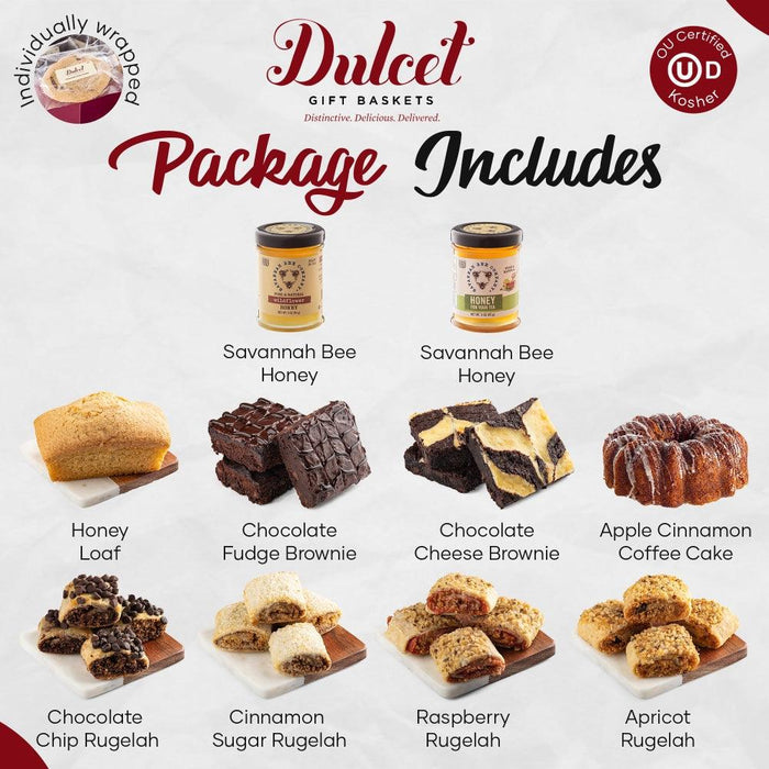 Gift basket with assorted dessert bars, brownies, and cookies plus two honey jars
