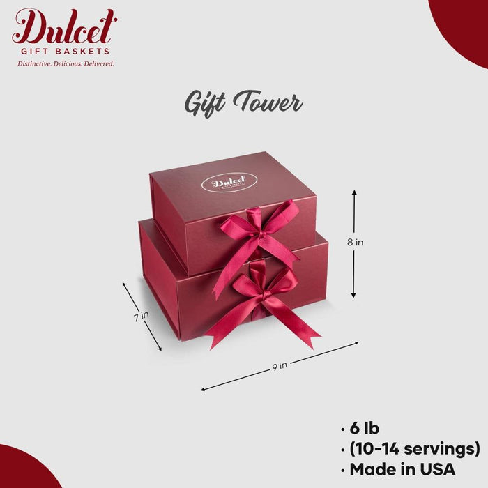 Maroon gift tower with two tiered compartments and two satin ribbon bows