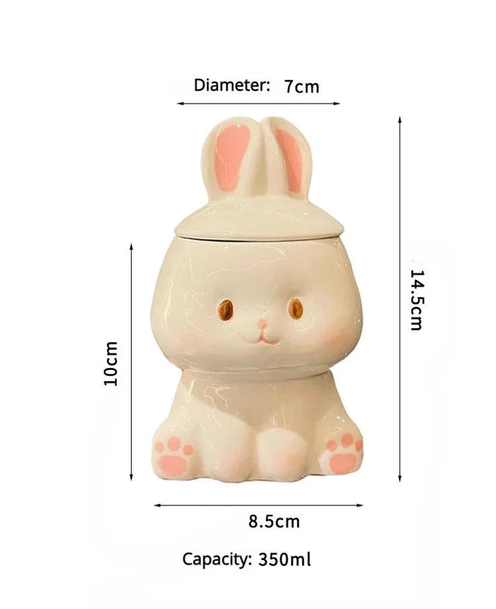 Ceramic bunny-lid mug size diagram: 8.5cm W, 14.5cm H, 350ml capacity