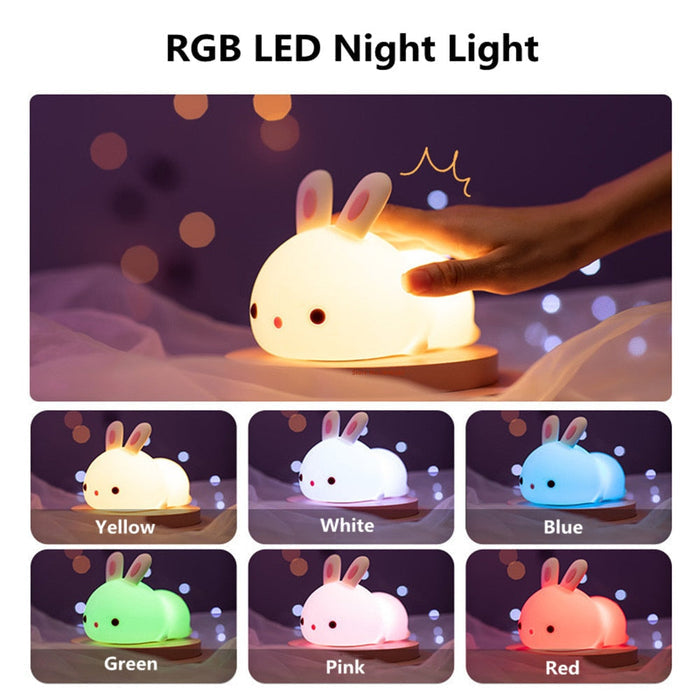 Bunny LED night light with a hand touch, showing RGB color options.