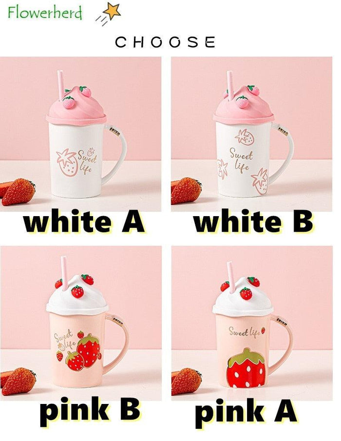Four strawberry lidded mugs with straws in white and pink color options