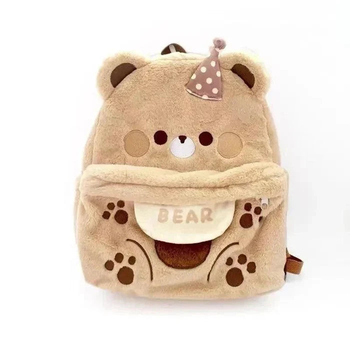 Plush bear backpack light tan with polka-dot bow, paw prints, and front pouch