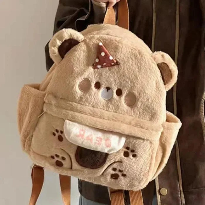 Plush bear backpack light tan with front pouch and brown shoulder straps