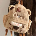 Plush bear backpack light tan with front pouch and brown shoulder straps
