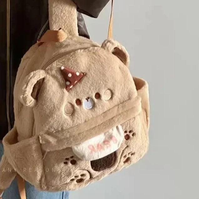 Plush bear backpack light tan with polka-dot bow and front pouch details