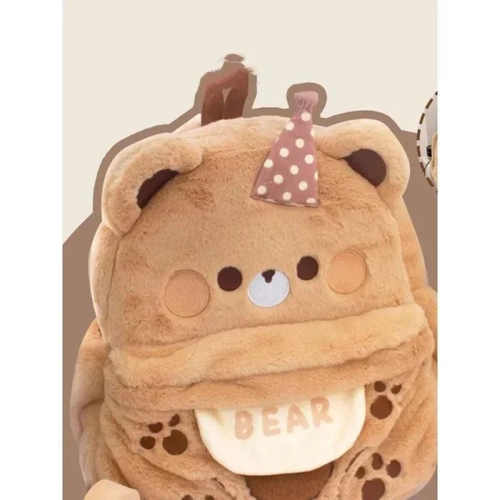 Plush bear backpack light tan with bear face applique, polka-dot bow, and paw prints