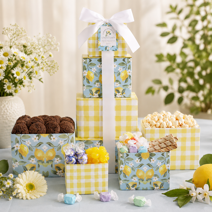 Floral summer gift tower set of stacked boxes with yellow gingham and ribbon