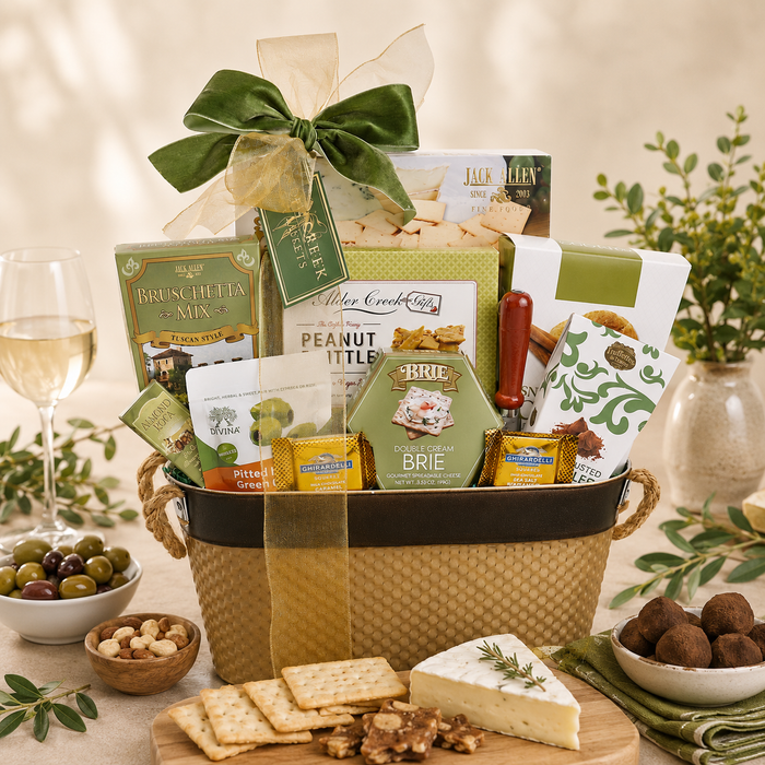 Gourmet gift basket with tan basket, green bow, assorted snack and cheese packages