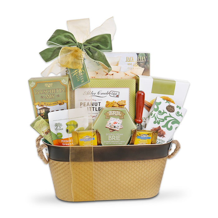 Gourmet gift basket front view with green ribbon, snack and cheese packs