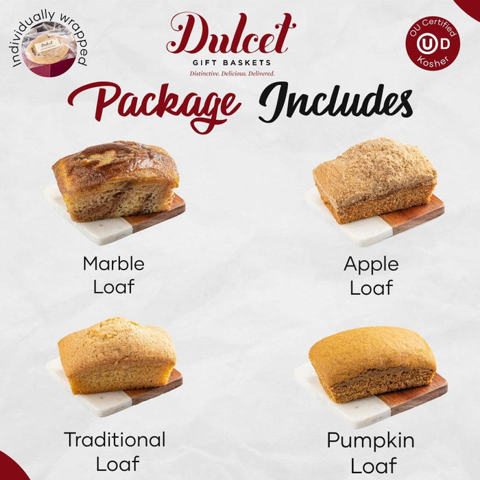 Package includes marble loaf, apple loaf, traditional loaf, and pumpkin loaf