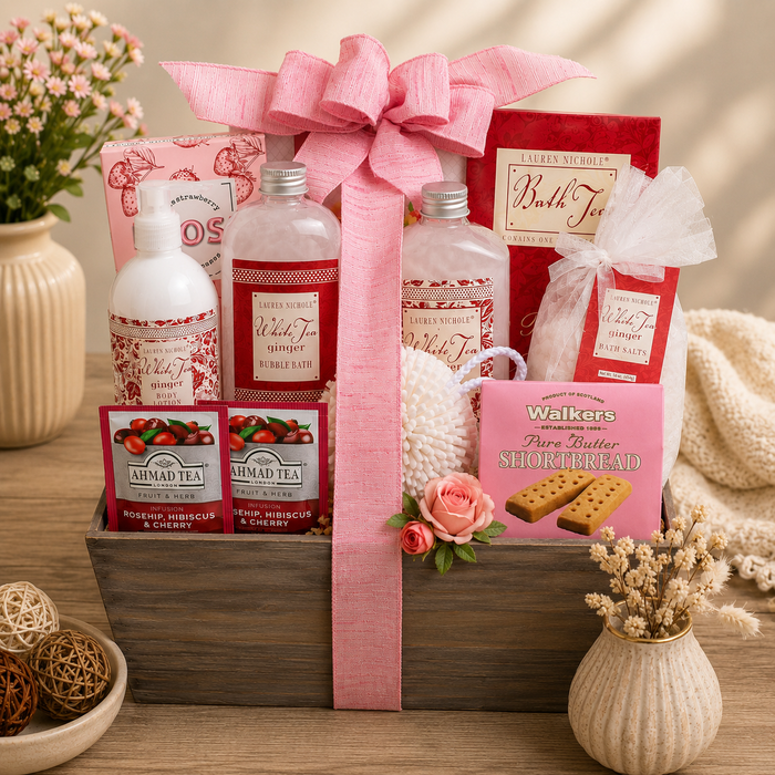 Spa gift basket with pink ribbon, wooden box holding teas, bath items, and shortbread