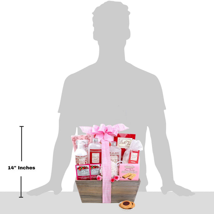 Spa gift basket with pink ribbon, shown at 14 inches height