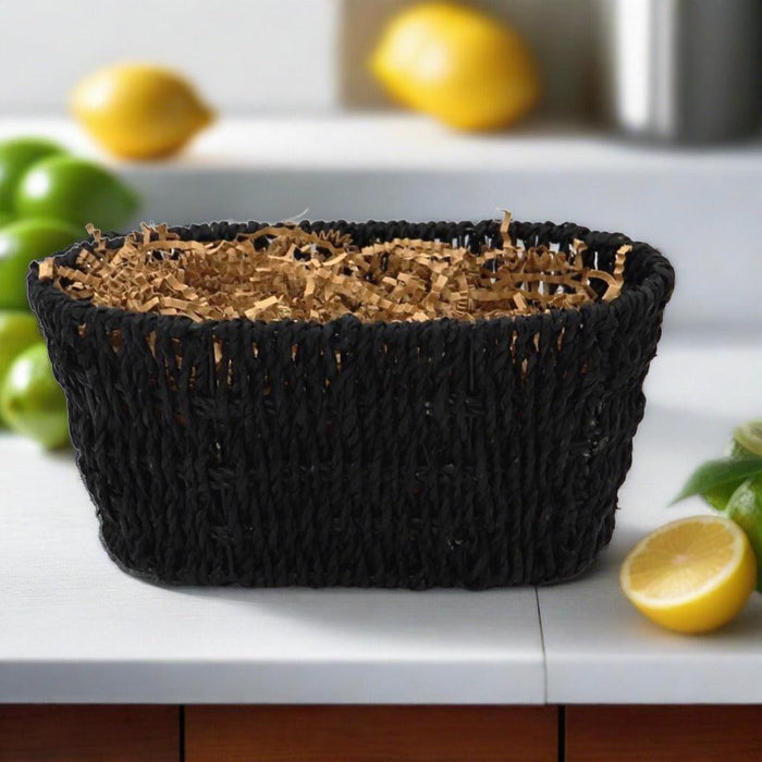 Teacher appreciation gift basket in black woven basket with textured rim