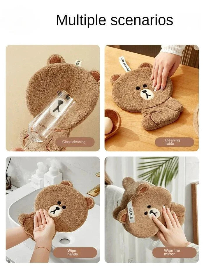 Teddy bear hand towel set showing brown bear towel for wiping hands and surfaces