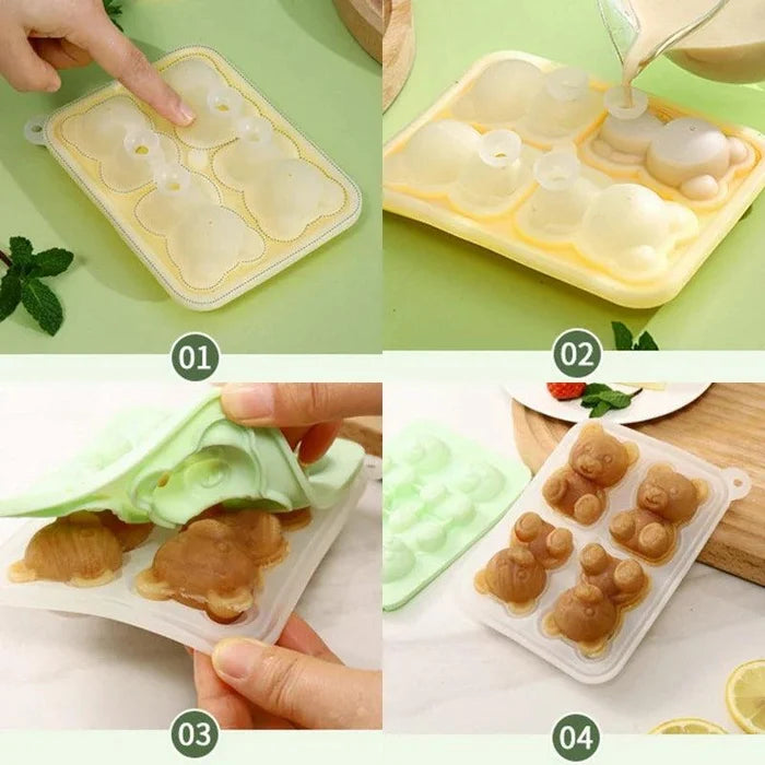 Teddy bear ice mold in use with filled bear-shaped ice pieces and release