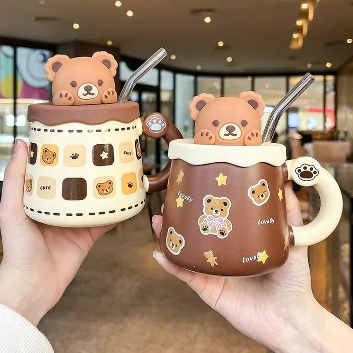 Teddy bear lidded mug with straw, brown and cream, bear-face topper and cartoon patches